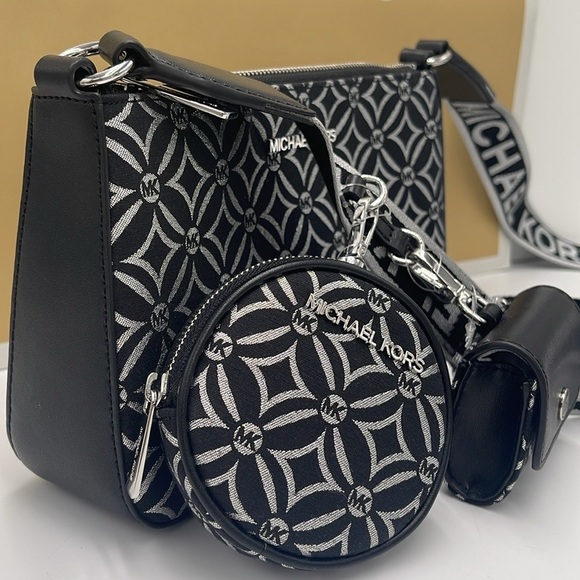 Michael Kors Handbags - MICHAEL KORS Jet Set Travel Small Logo Jacquard Crossbody With Tech Attach - BLK